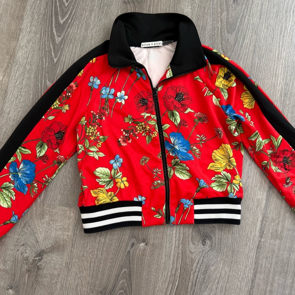 Alice + Olivia Red Floral Bomber Jacket with Black Trim